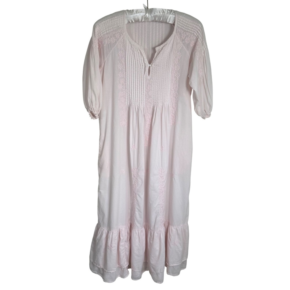 Soft Surroundings Pink Cotton Embroidered Pintuck Boho Midi Dress Pockets M